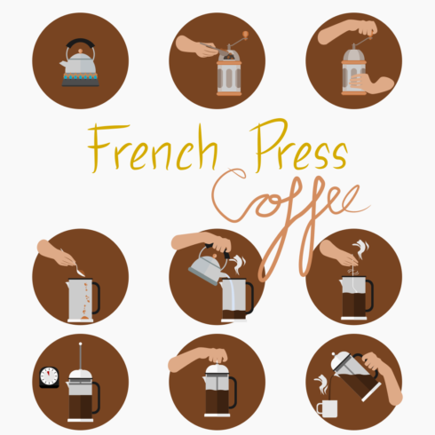 French Press Coffee Instruction Icons main cover.