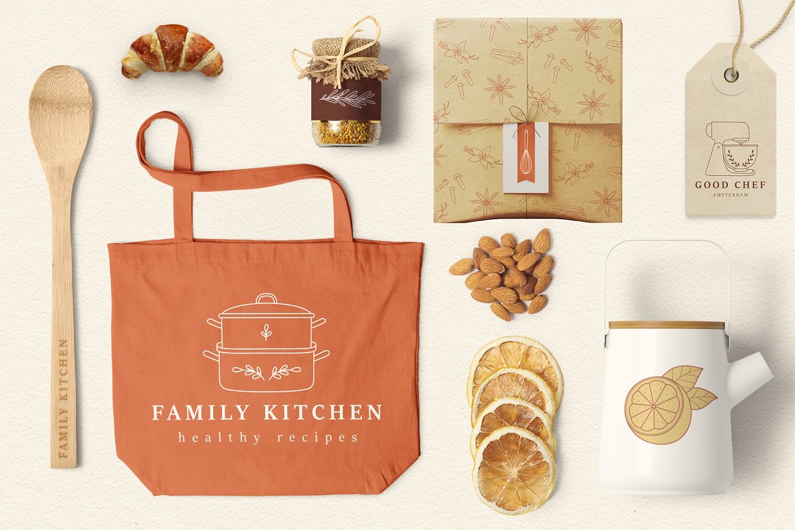 A set of different packaging, bag and labels with kitchen and cooking icons.