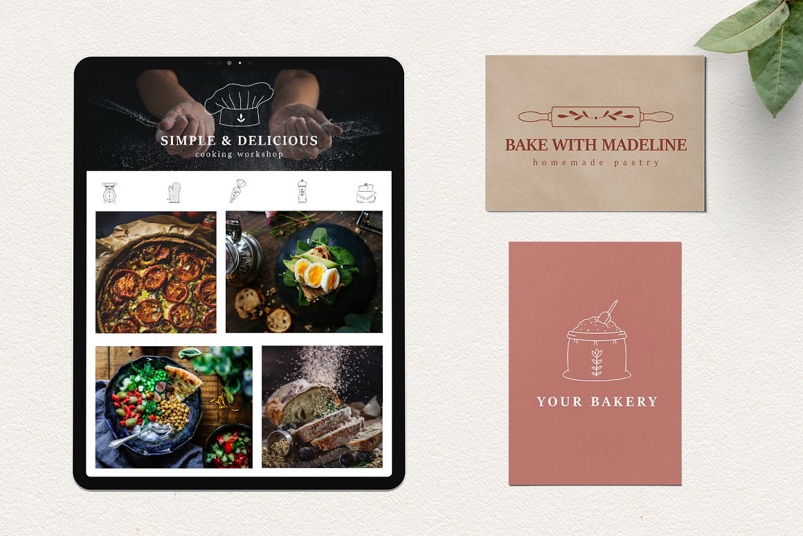 Pink and beige card with lettering and cooking icons and mockup of ipad with cooking website.