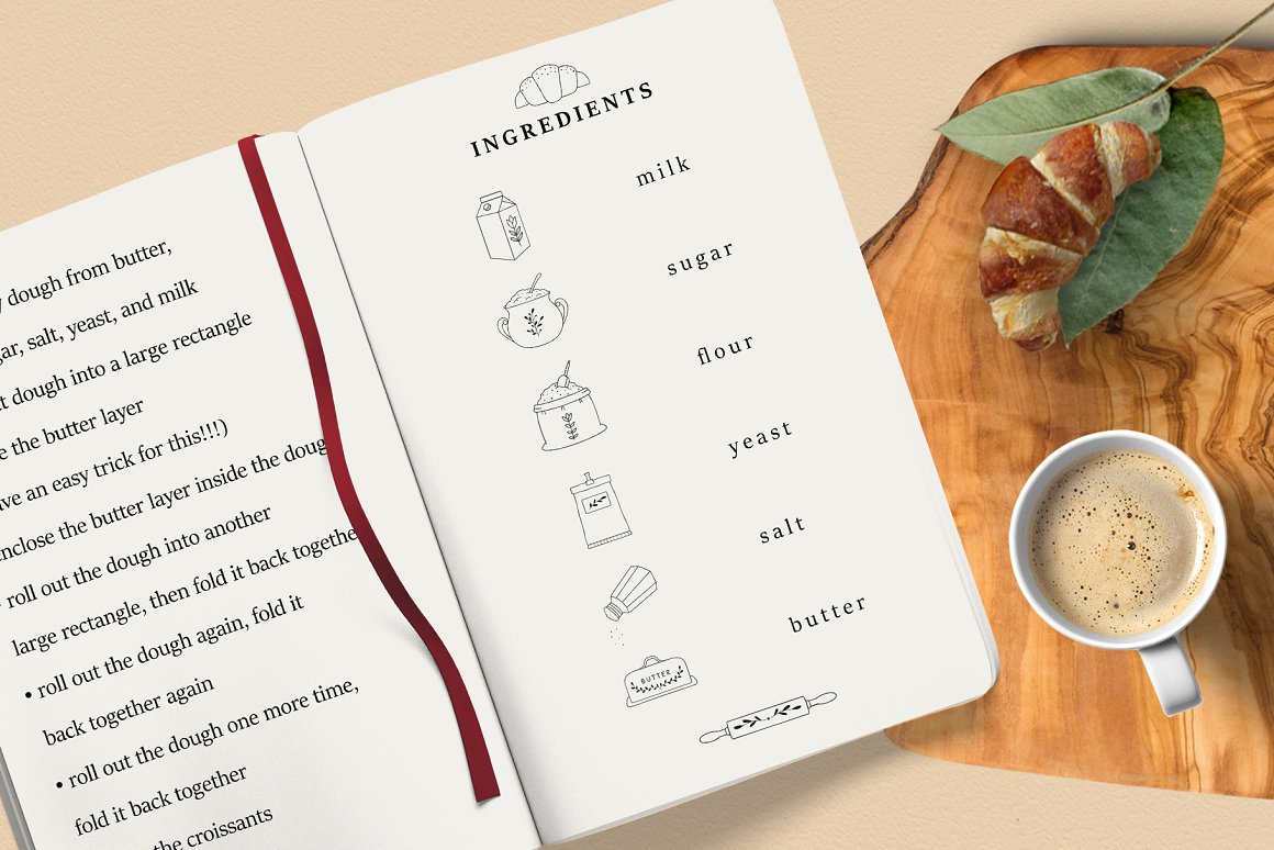 Book of recipe with icons of ingredients on the table.