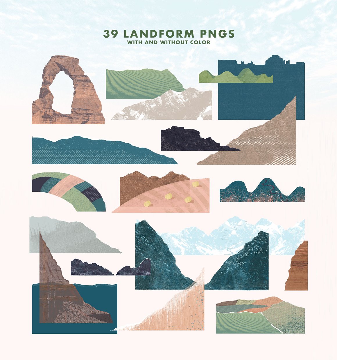 Clipart of 39 different landform pngs on the sky background.