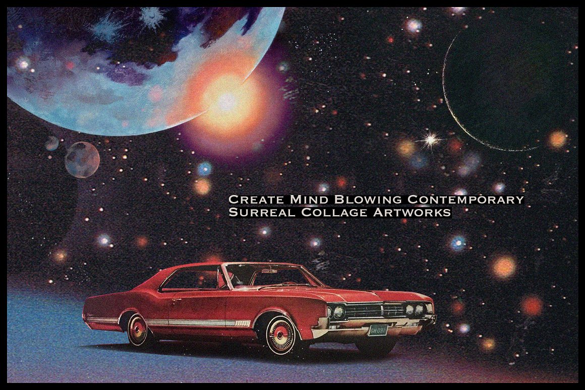 White lettering on a black frame on the background of a space and red retro car.