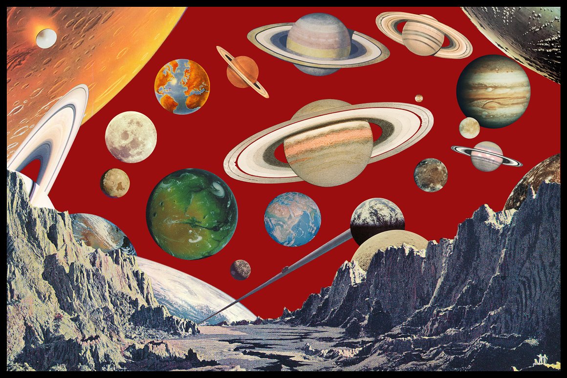 Kit of different illustrations of space planets on a red background.