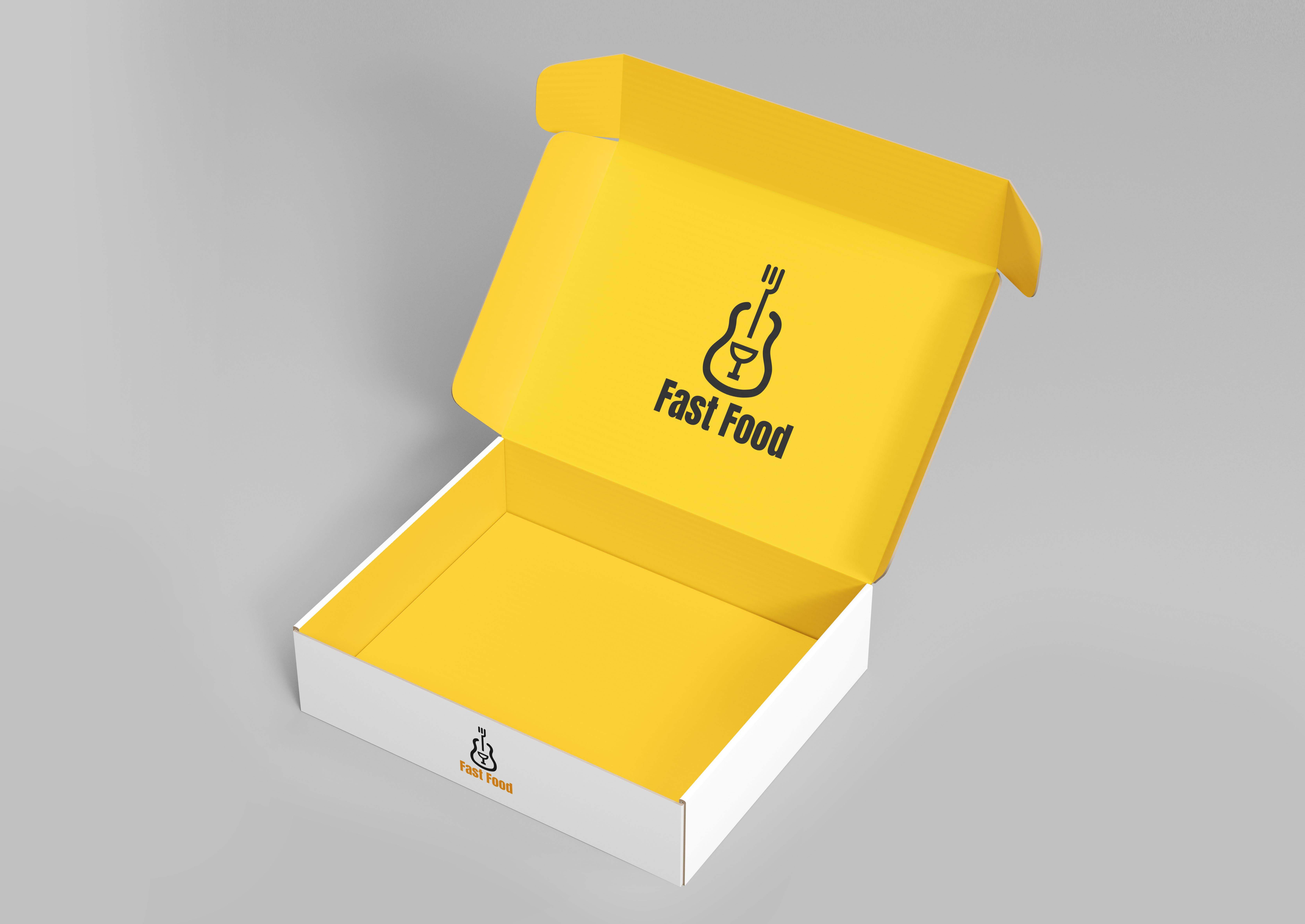 Box mockup example with Fast Food Restaurant Logo.