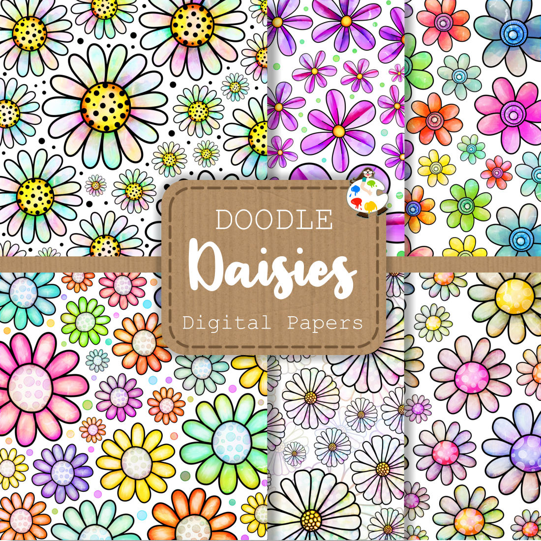 Watercolor Ink Doodle Daisy Flower Pattern Papers cover image.