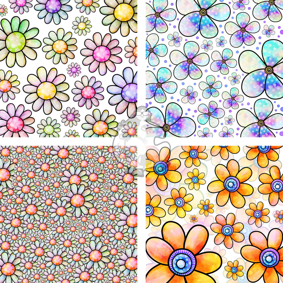 Daisy Flower Watercolor Ink Doodle Pattern Papers cover image.