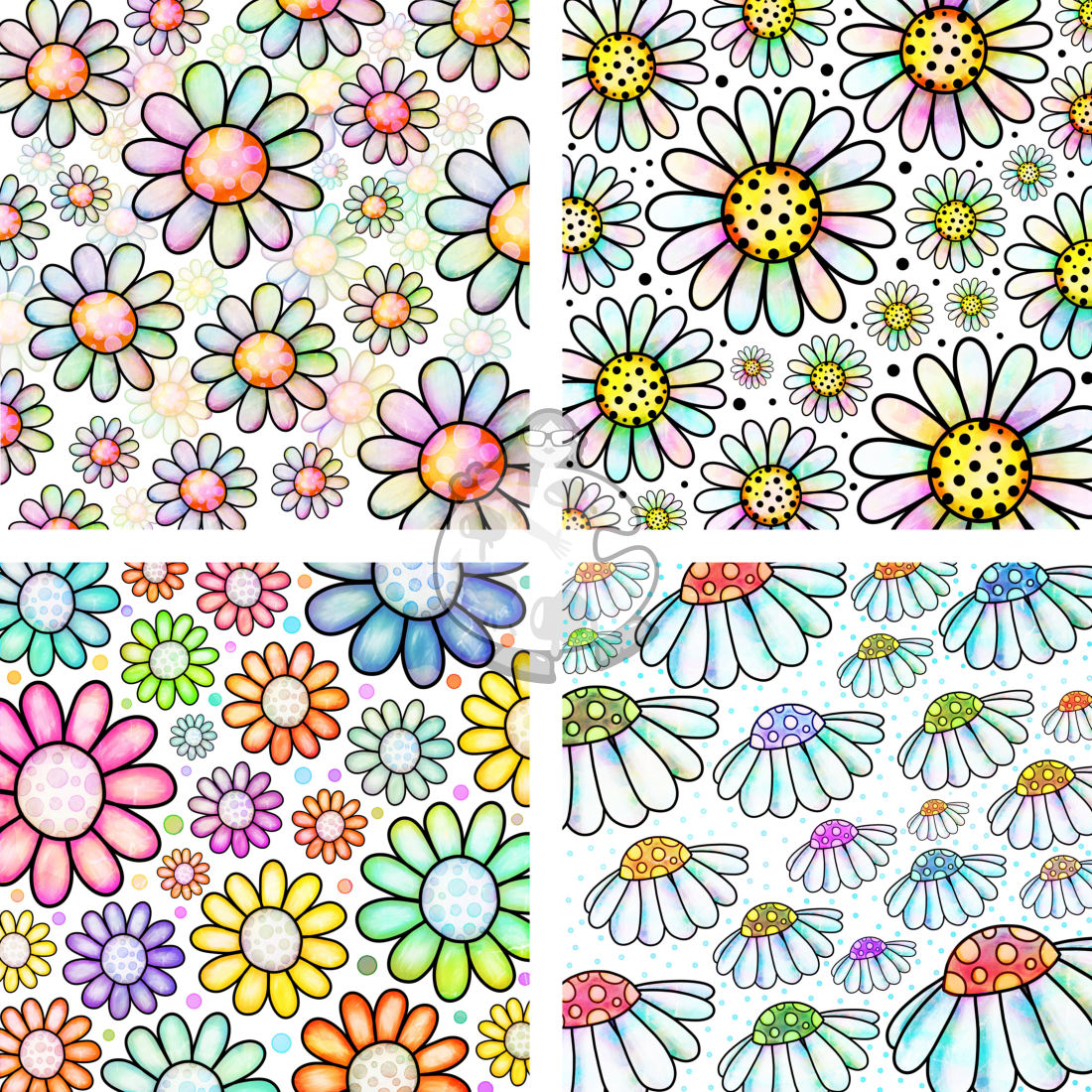 Watercolor Ink Doodle Daisy Flower Pattern Papers preview image.