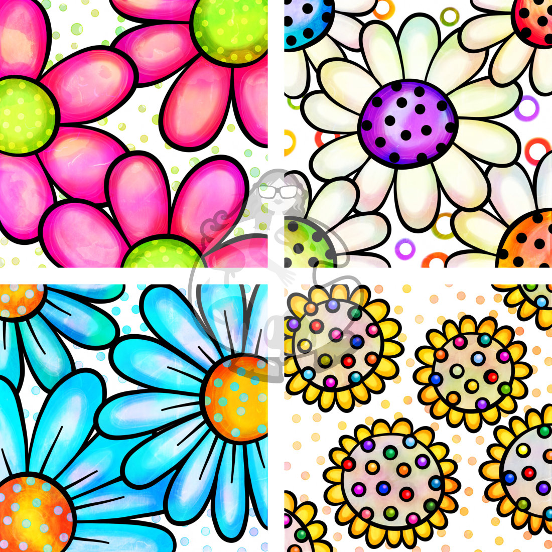 Watercolor Ink Big Doodle Daisy Flower Pattern Papers preview image.