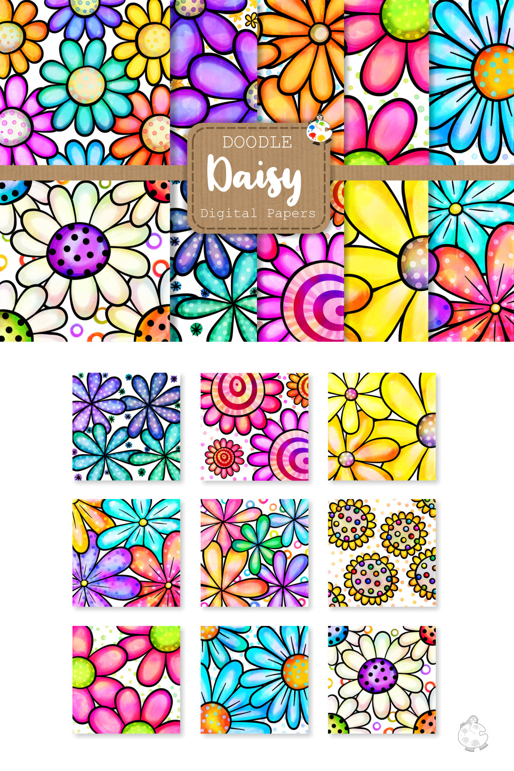 Watercolor Ink Big Doodle Daisy Flower Pattern Papers pinterest image.