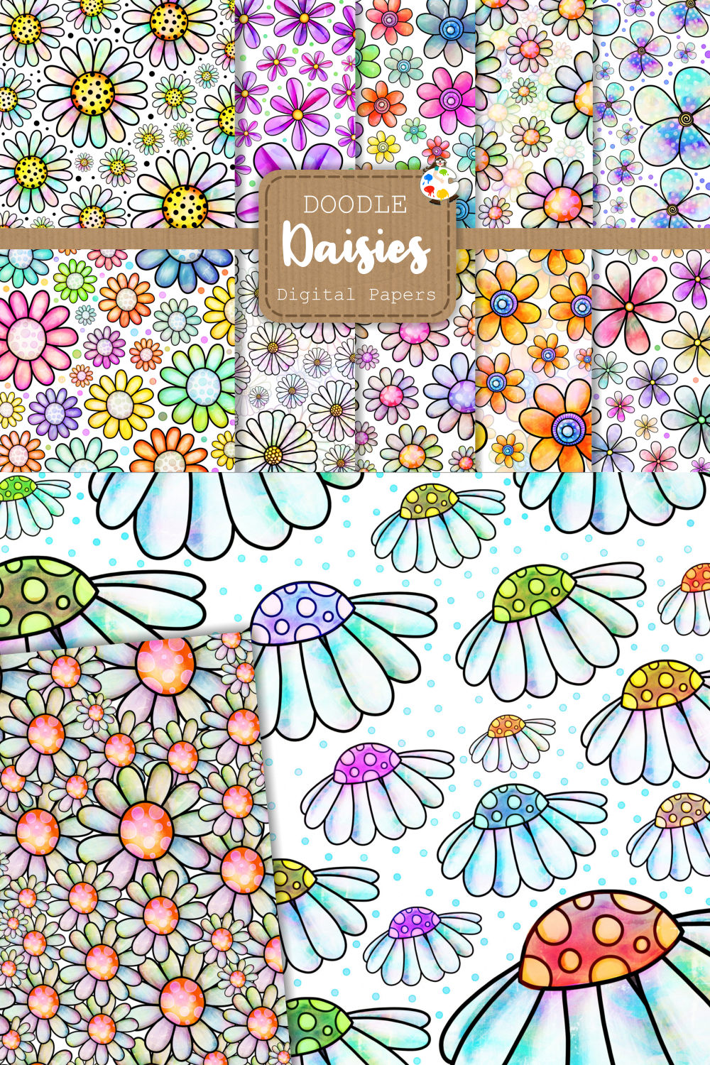 Watercolor Ink Doodle Daisy Flower Pattern Papers pinterest image.