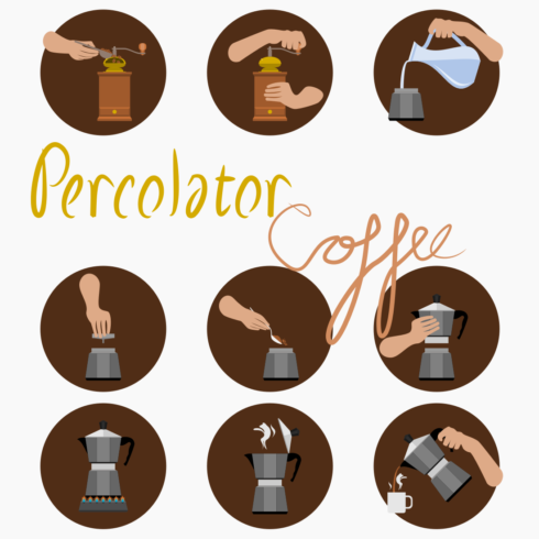 Percolator Coffee Instruction Vector Illustration Icons Set.