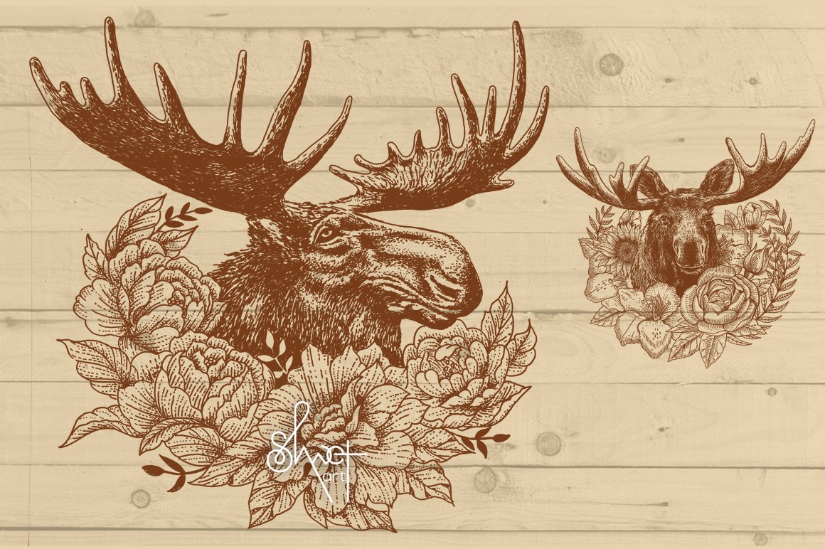 Vintage moose illustration in brown.