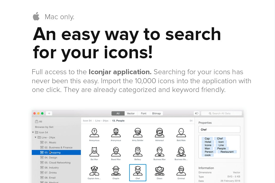 An example of "An easy way to search for your icons!" on a white background.