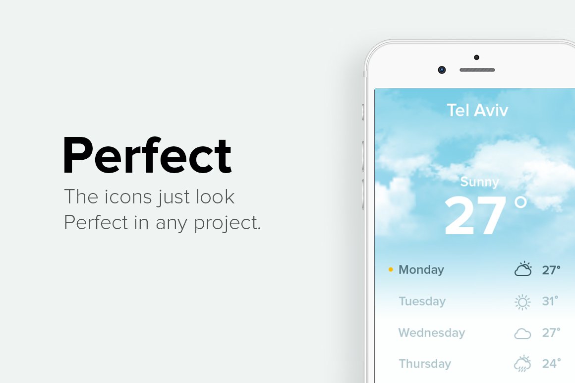 Mockup of iphone with weather forecast and black lettering "Perfect" on a gray background.