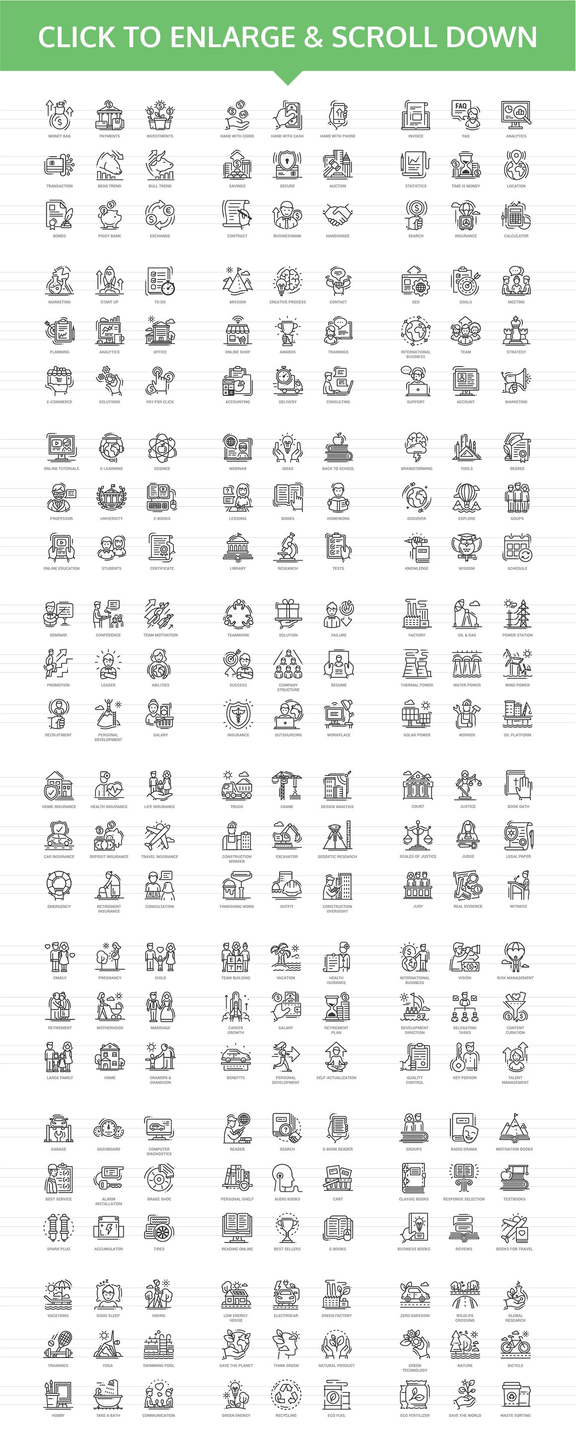 A set of different black innovicons icons on a white background.
