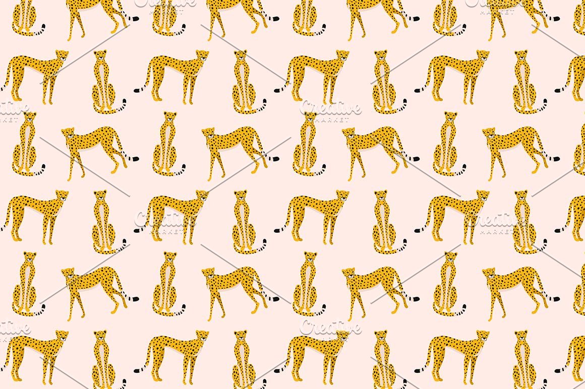 A set of different illustrations of leopards on a pink background.