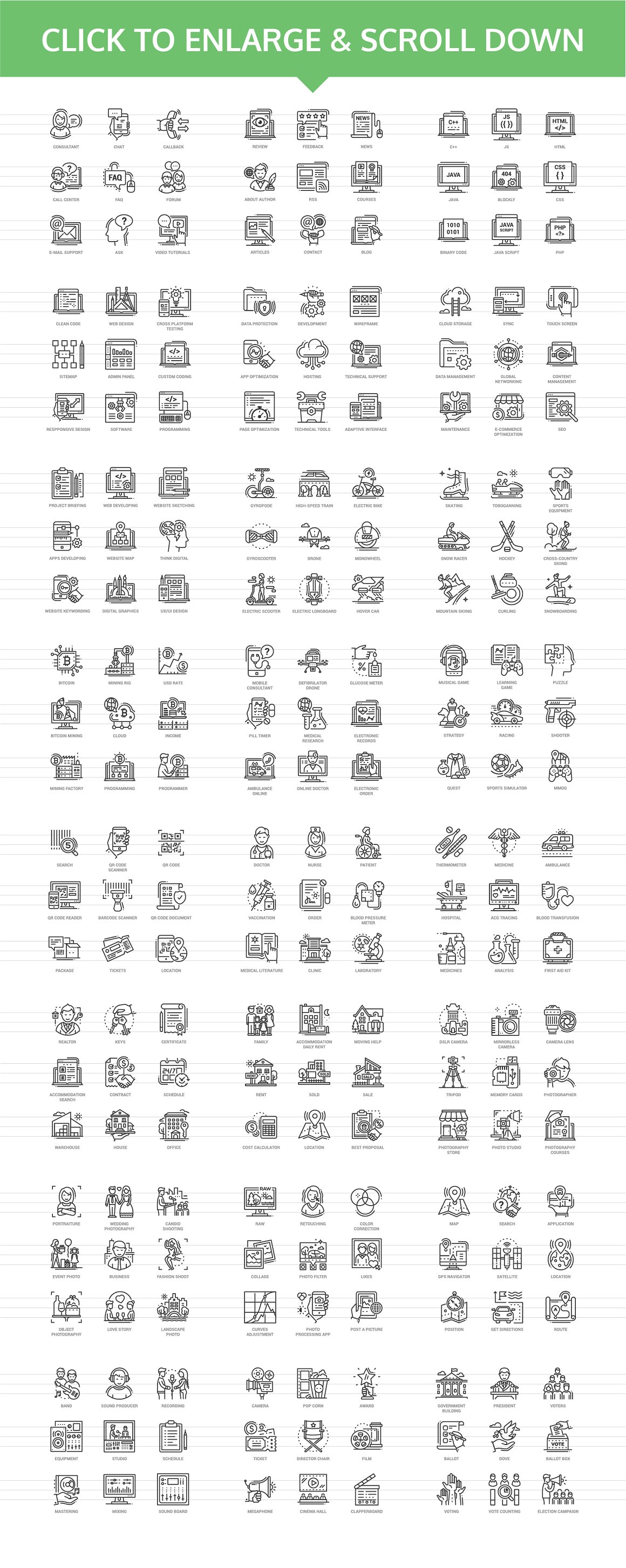 Clipart of different black innovicons icons on a white background.