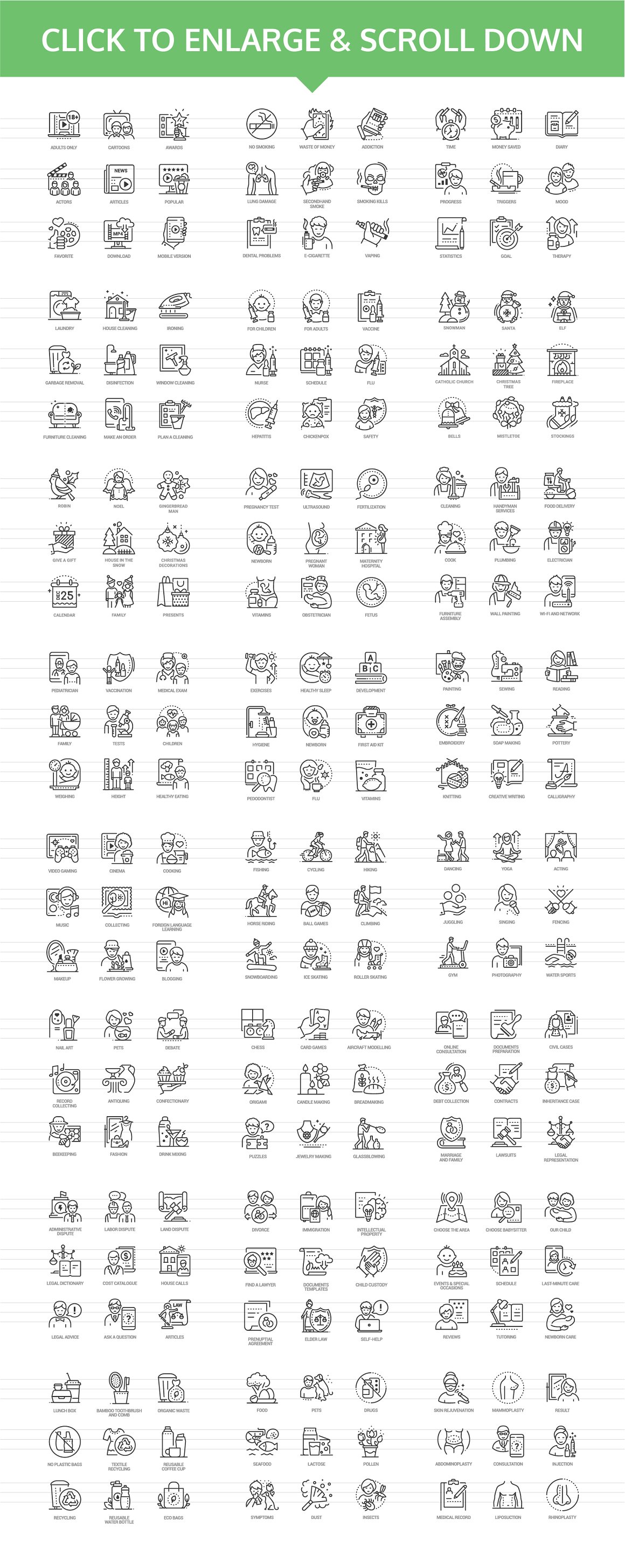 Big pack of various black innovicons icons on a white background.