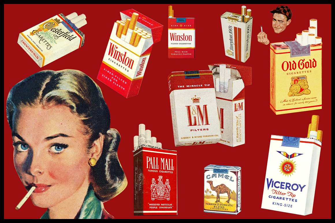 Clipart of different cigarettes on a red background.