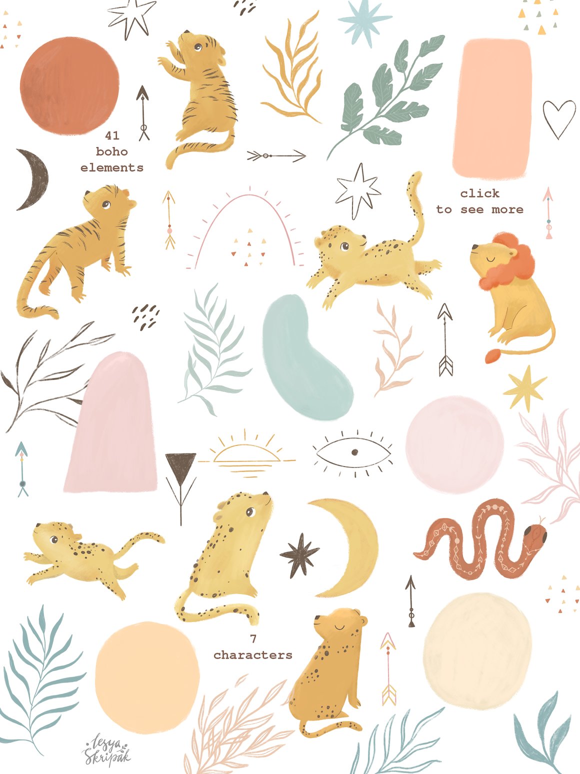 A set of different boho baby animals illustrations on a white background.