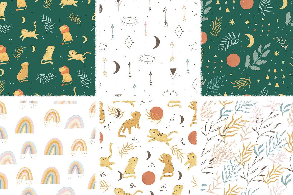 Kit of 6 different seamless patterns with illustrations of boho animals and rainbow.