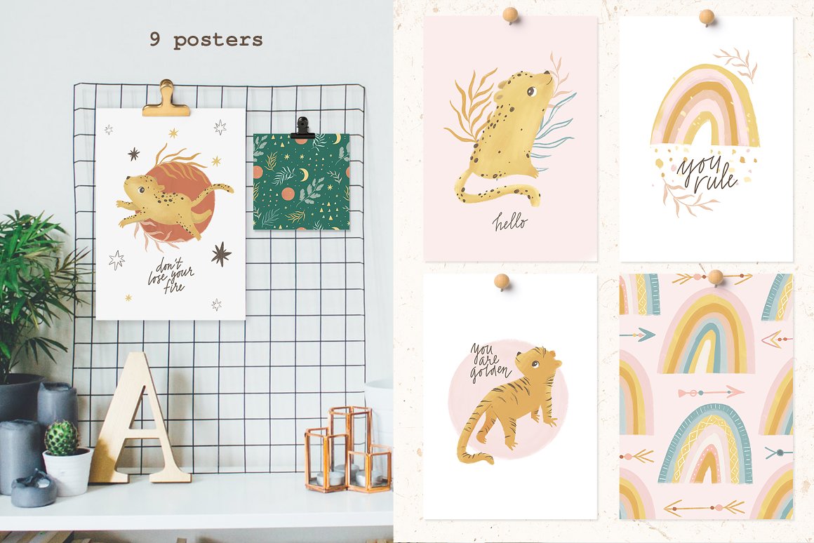 4 different pink and white posters with boho animals and rainbow illustrations.