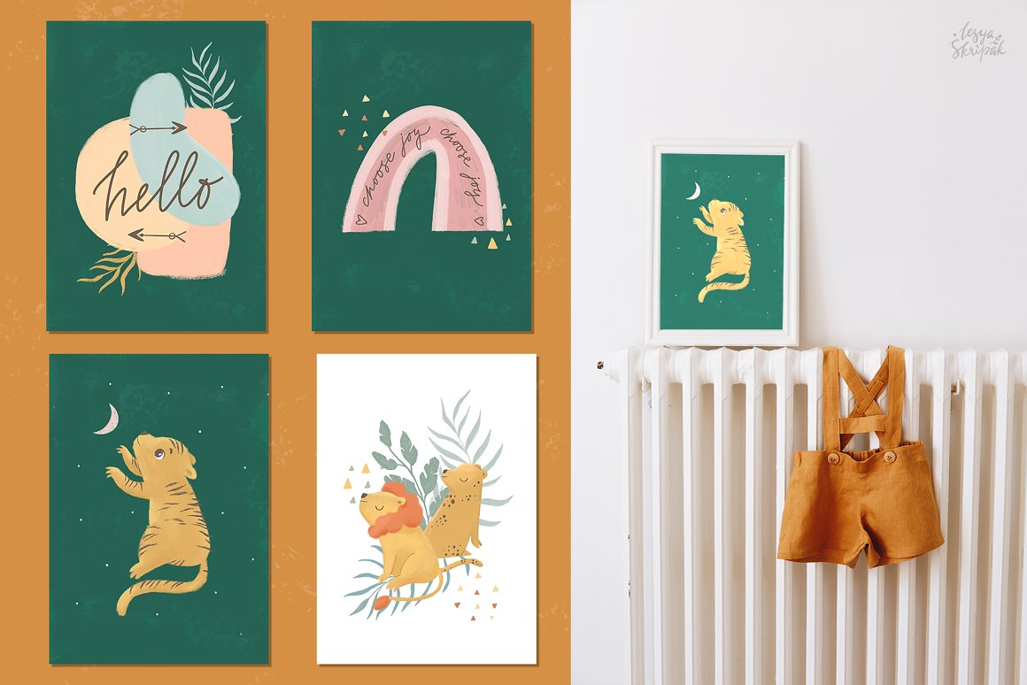 Pack of 4 green and white posters with illustrations of boho animals and rainbow.