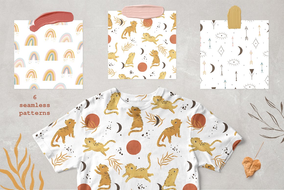 3 white seamless pattern with illustrations of boho animals and rainbow and white t-shirt with this pattern.
