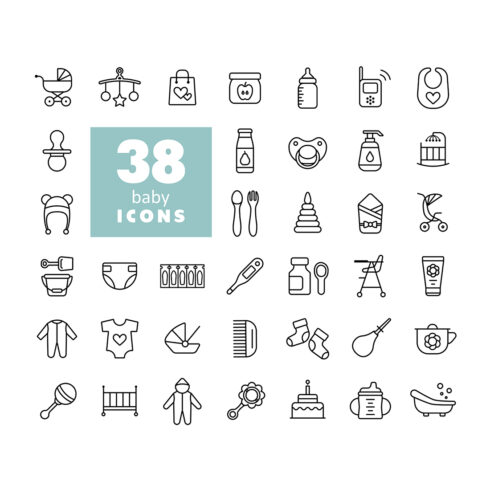 38 Baby, Feeding and Care Icons main cover.
