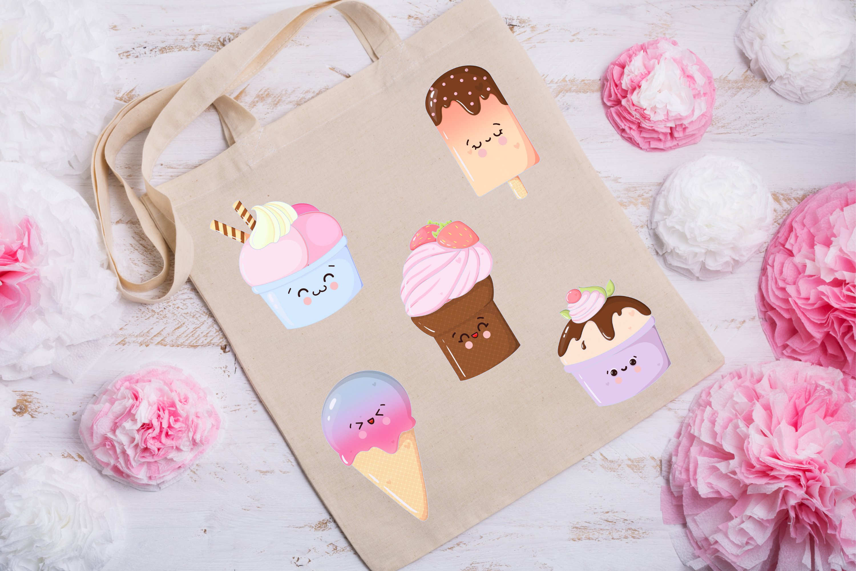 Beige shopping bag with 5 colorful illustrations of ice cream on the white background with pink and white flowers.