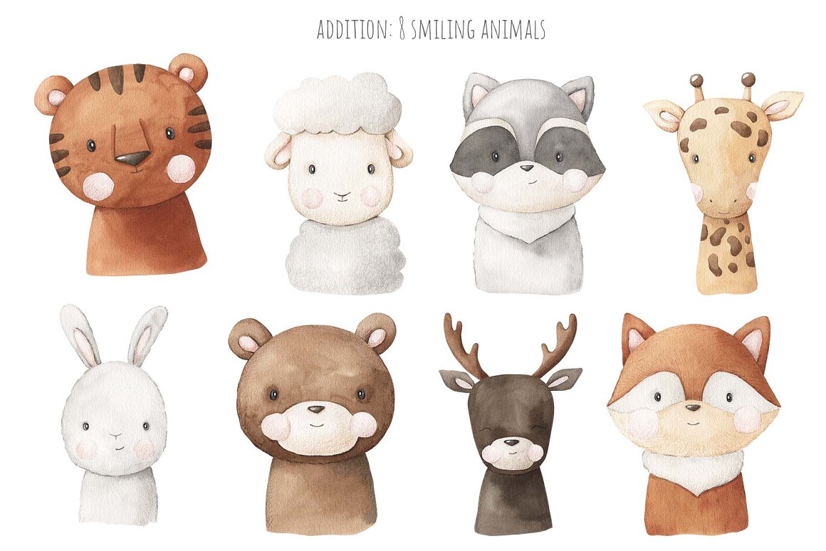 Kit of 8 different smiling animals illustrations on a white background.