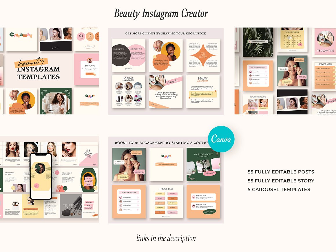 Black lettering "Beauty Instagram creator" and 5 templates on a pink background.