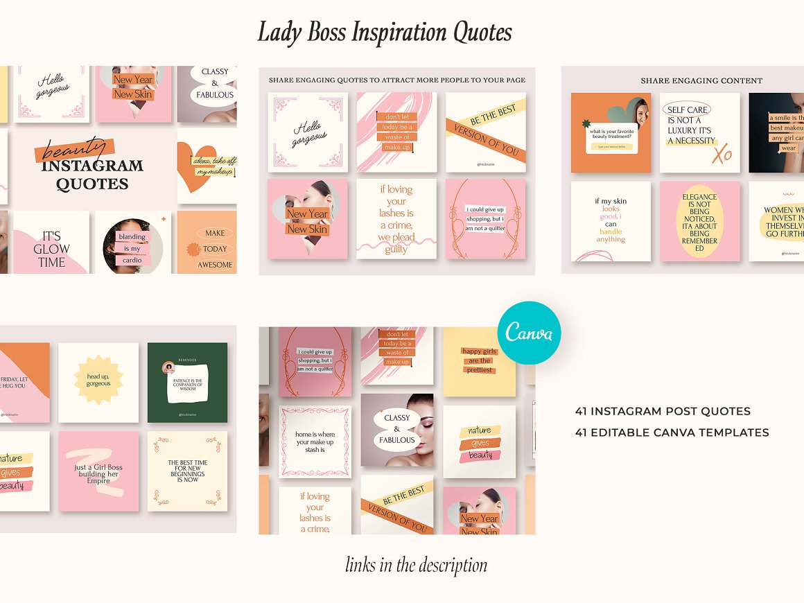 Lady boss inspiration quotes on a pink background.