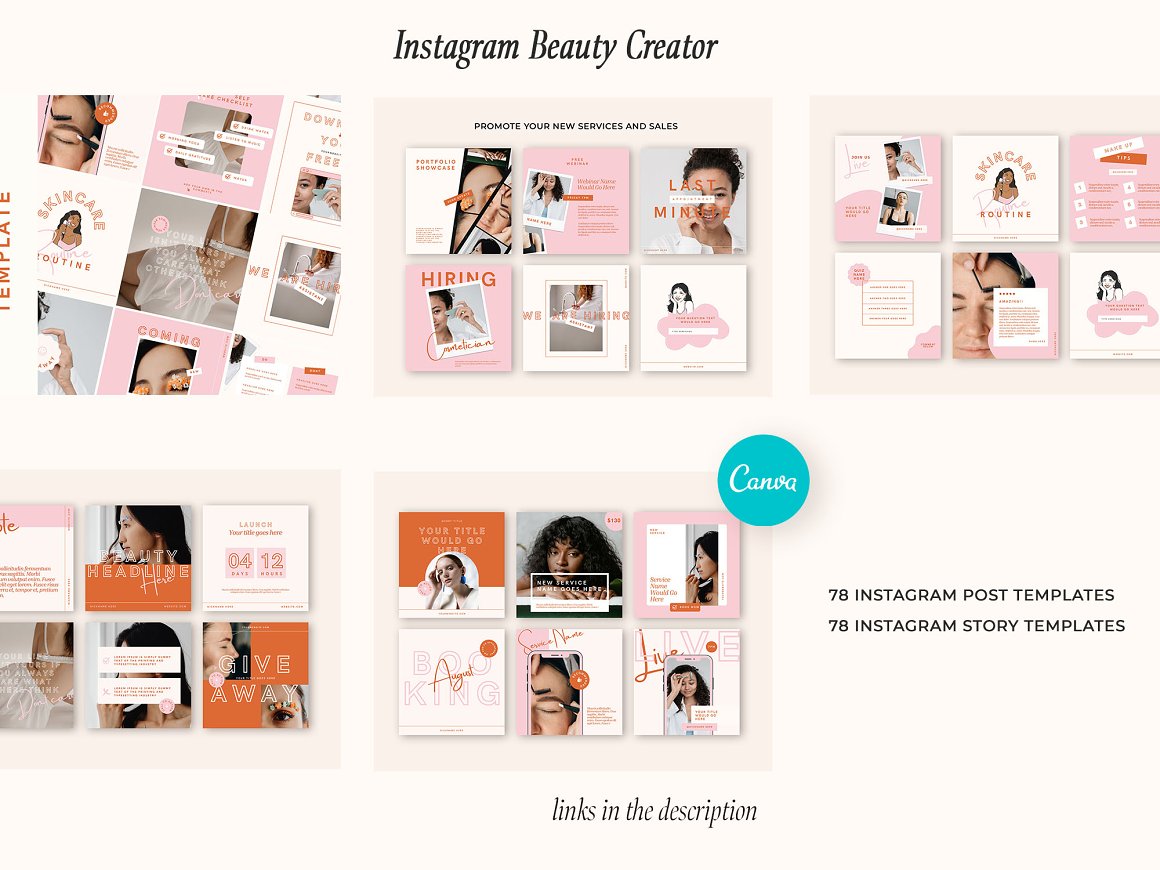 5 Instagram beauty templates on a pink background.