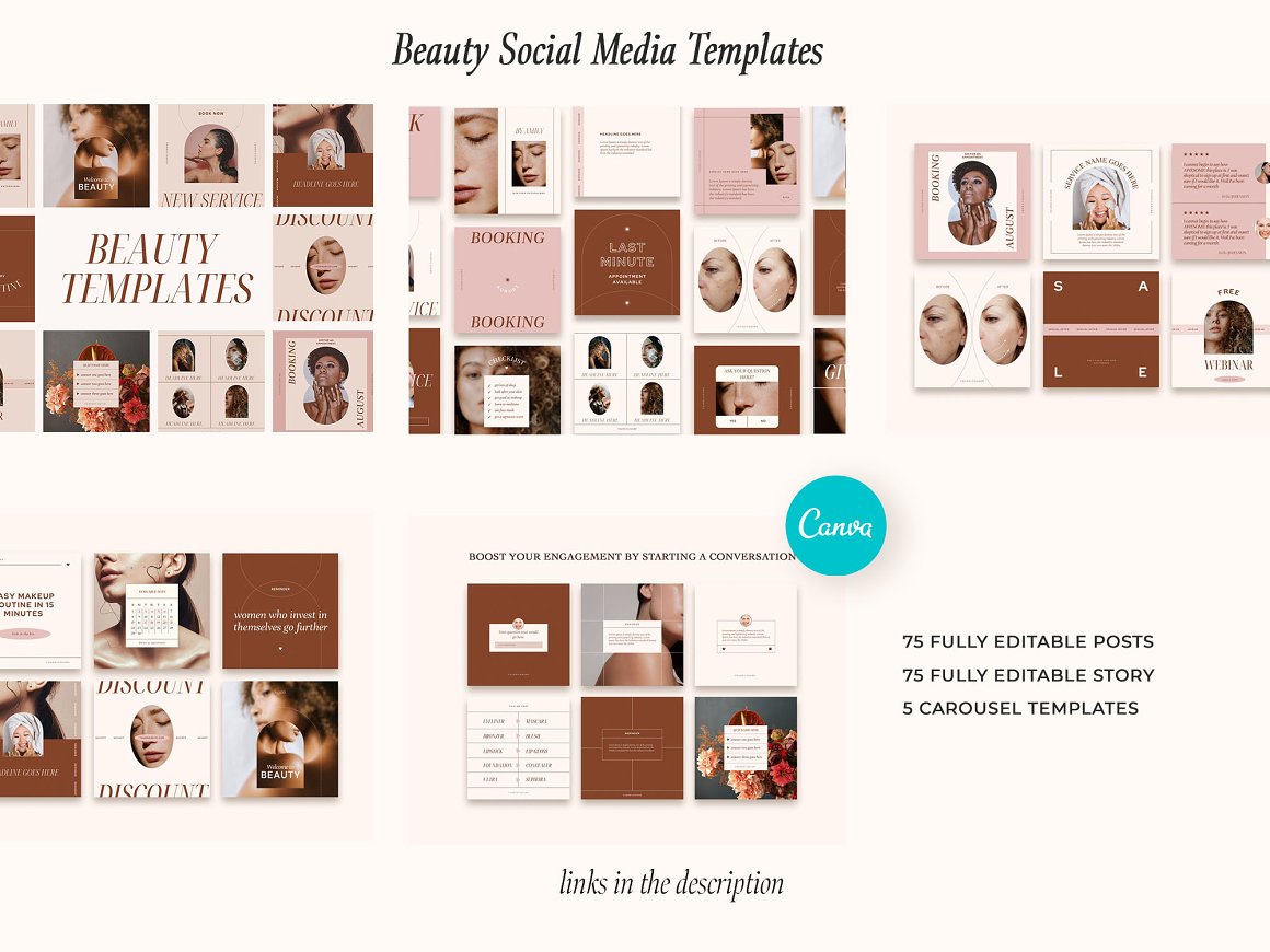 Beauty social media templates on a pink background.