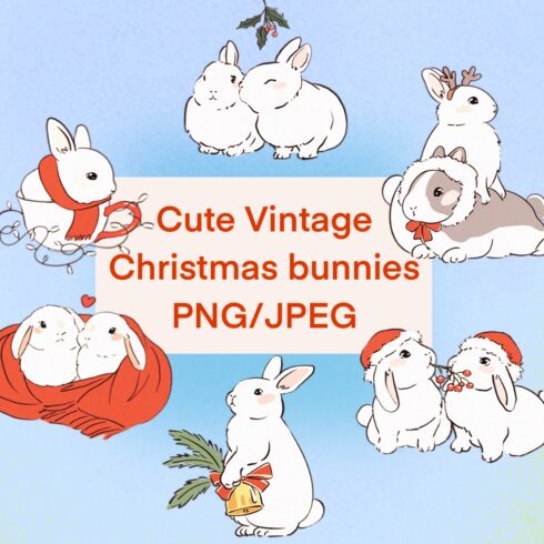 Christmas cute vintage rabbit print drawings for 9$ - MasterBundles