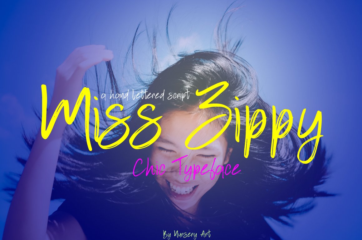 Yellow lettering "Miss Zippy" on the blue background with energetic girl.