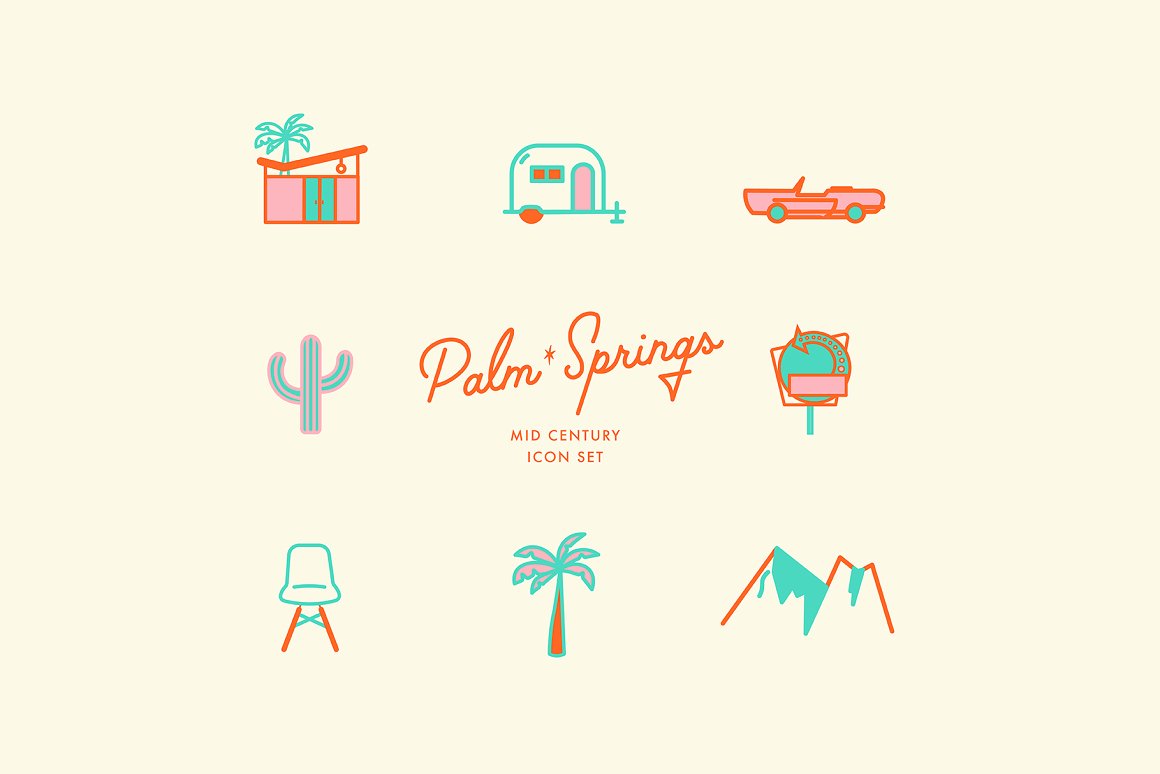 Orange lettering "Palm Springs" and 8 different colorful icons on a pink background.