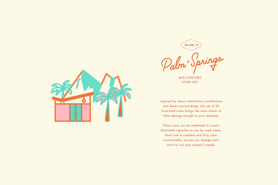 Colorful icon, orange lettering "Palm Springs" and text section on a pink background.
