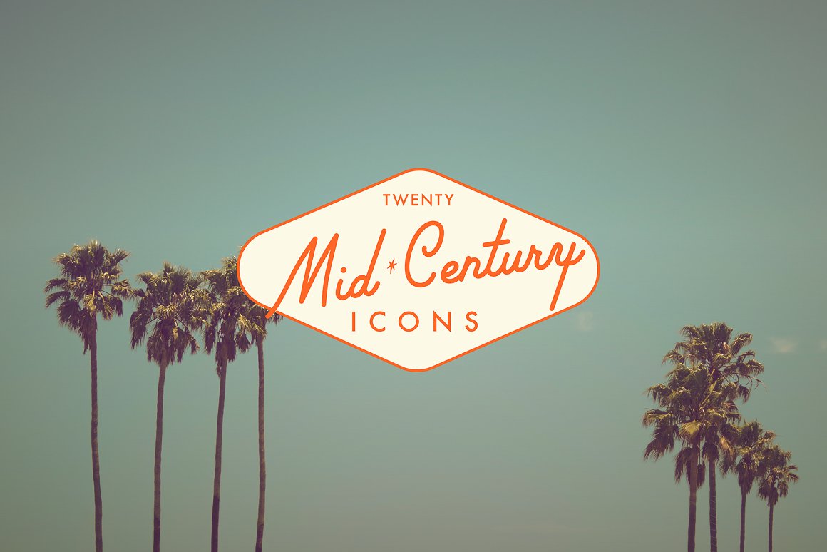 Lettering "Twenty Mid Century Icons" on a pink frame on the background of nature.