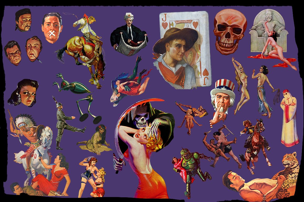 Interesting collage of different vintage cutouts on a purple background.