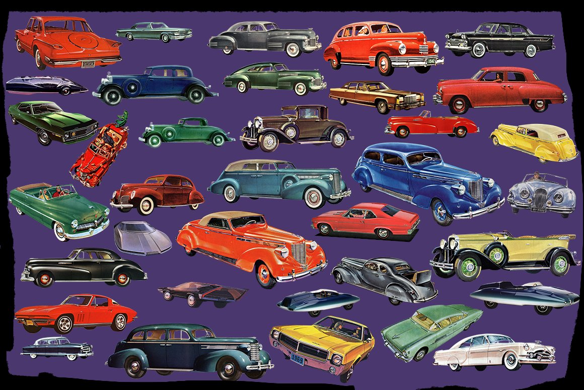 Collection of vintage illustrations of a car on a purple background.