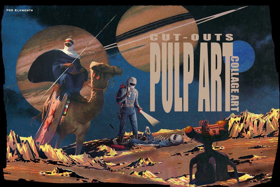Beige lettering "Cut-Outs Pulp Art Collage" on the space image.