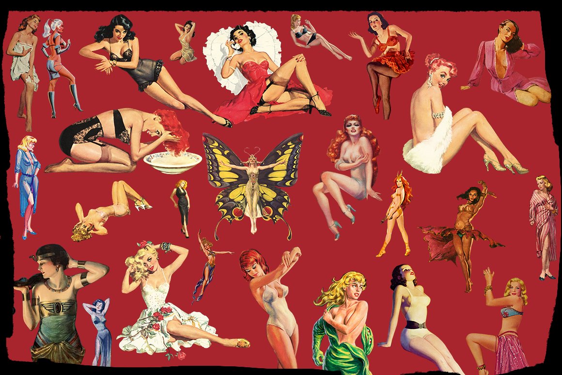 Collage of retro cutouts of woman on a red background.