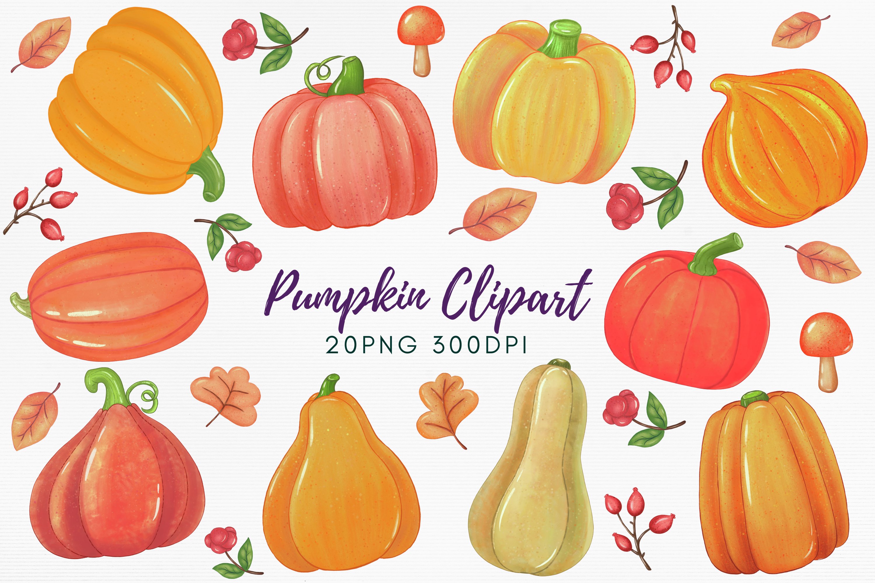 Purple lettering "Pumpkin Clipart" and different illustrations of pumpkin on a gray background.