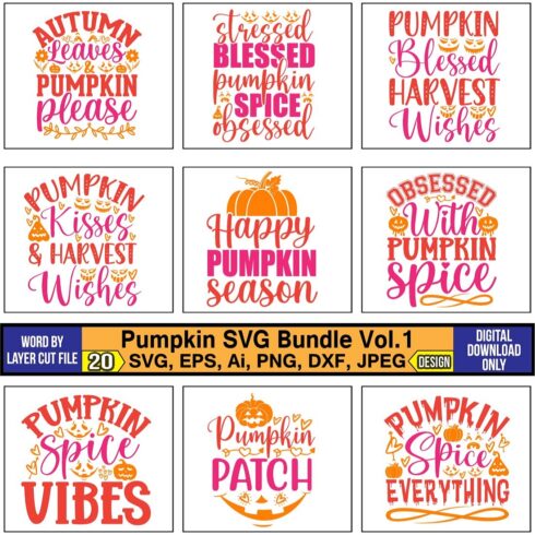 Pack of charming images for prints on the theme of pumpkin.
