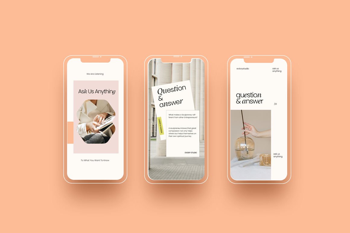 3 mockups of iphone with social media infographics on a pink background.