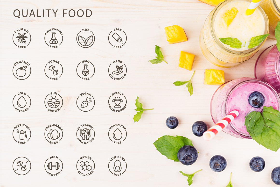 Quality food icons set on the background of food.