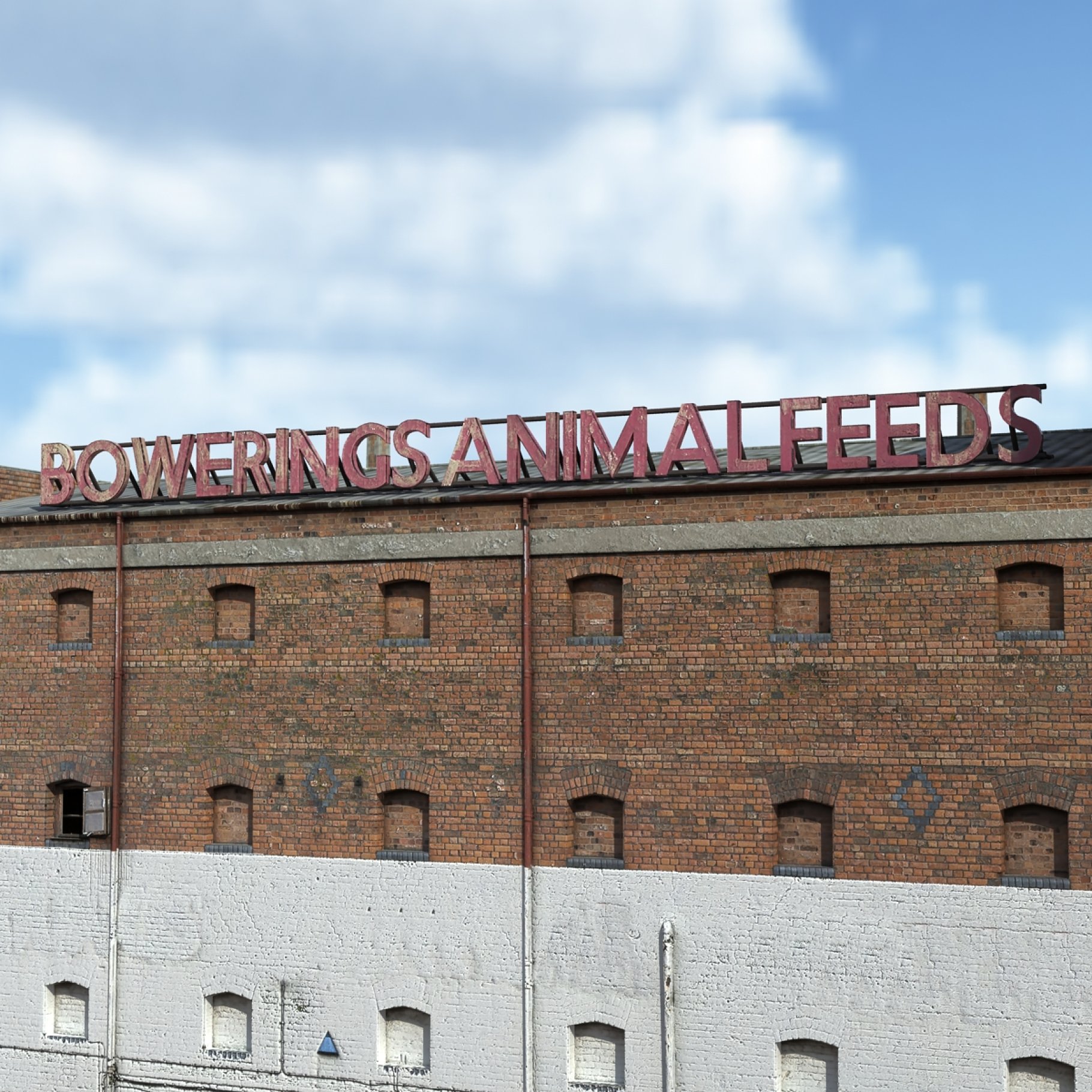Name of old factory mockup in close-up.