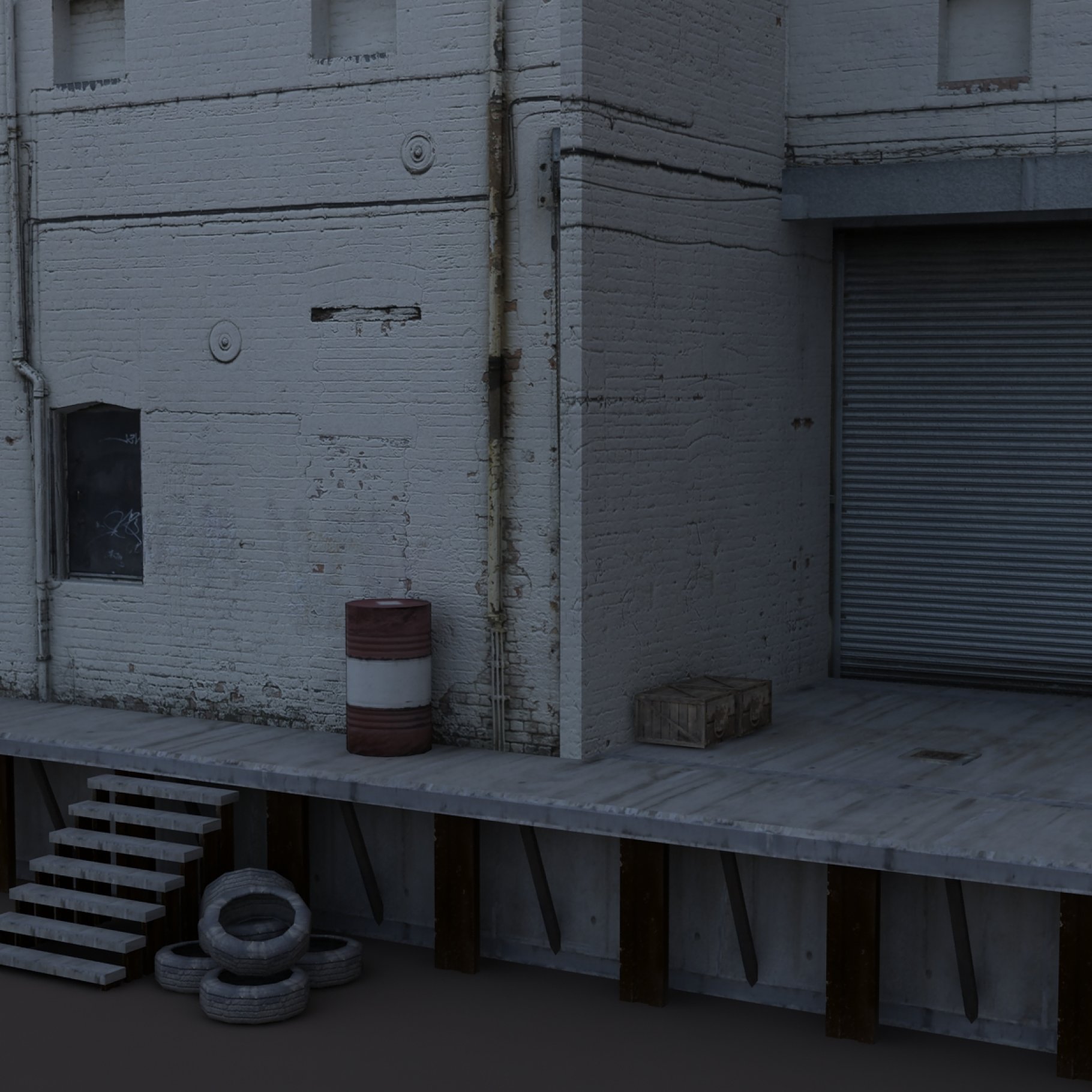 Mockup of abandoned old factory storage in gray tones.